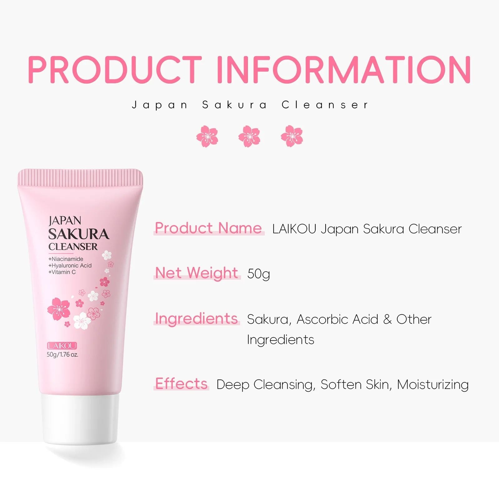 Laikou Sakura Facial Cleanser 50g – Deep Pore Cleansing & Brightening Wash-Cleanser-Blushia