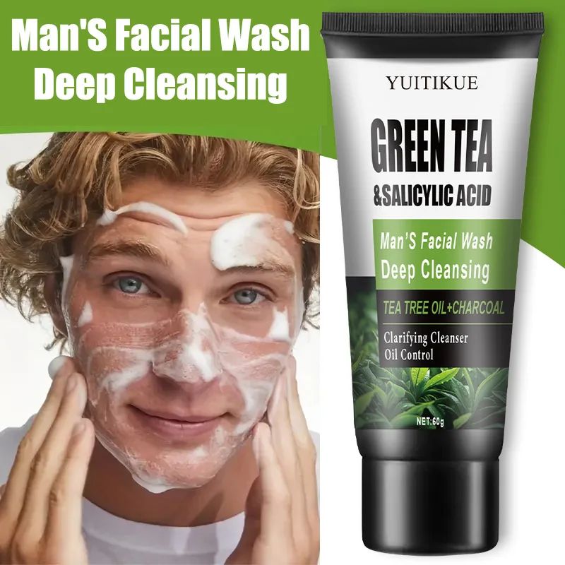 YUITIKUE Men's Facial Wash 60g - Green Tea & Salicylic Acid, Deep Cleansing, Oil Control, Tea Tree & Charcoal, For Men-Face Wash-Blushia