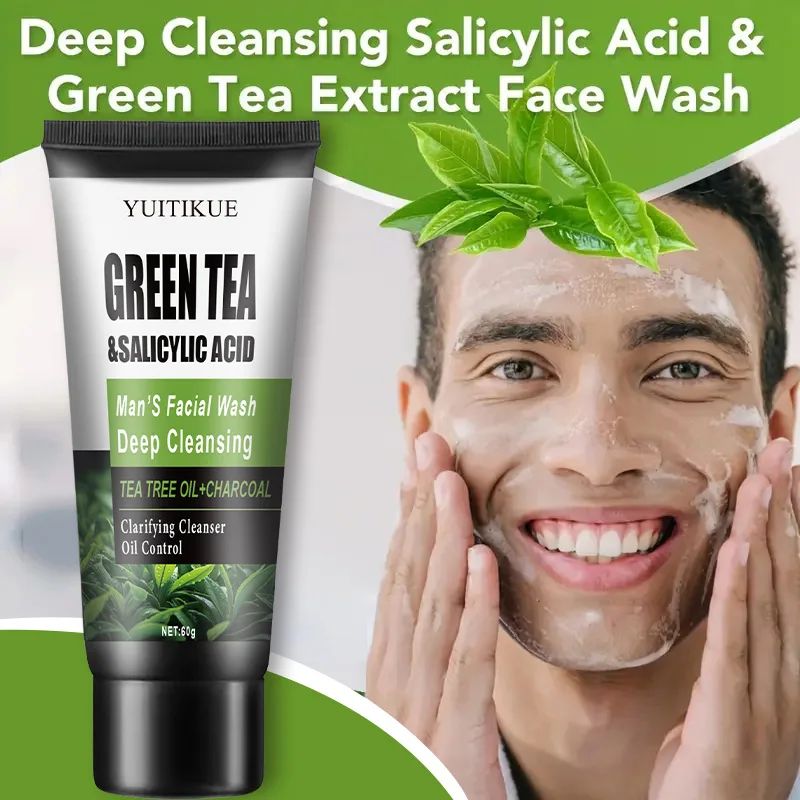 YUITIKUE Men's Facial Wash 60g - Green Tea & Salicylic Acid, Deep Cleansing, Oil Control, Tea Tree & Charcoal, For Men-Face Wash-Blushia