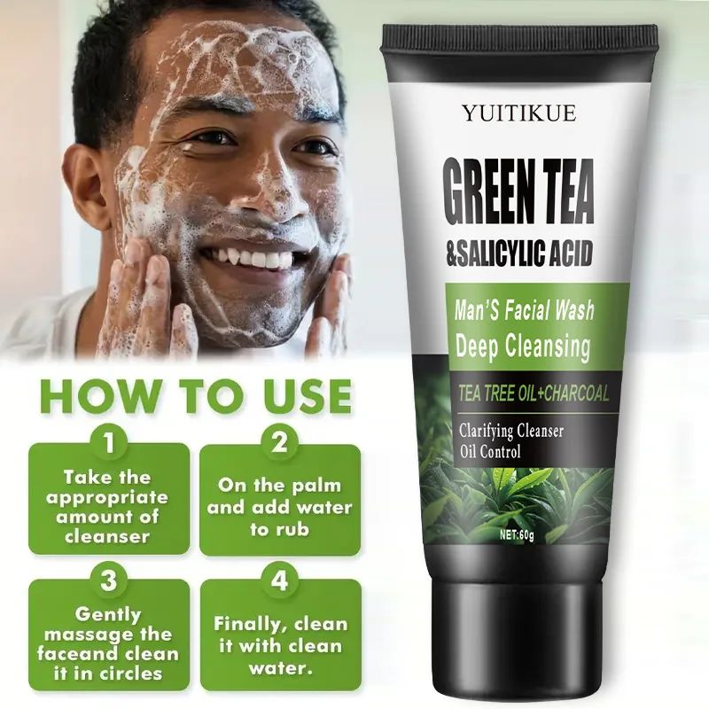 YUITIKUE Men's Facial Wash 60g - Green Tea & Salicylic Acid, Deep Cleansing, Oil Control, Tea Tree & Charcoal, For Men-Face Wash-Blushia