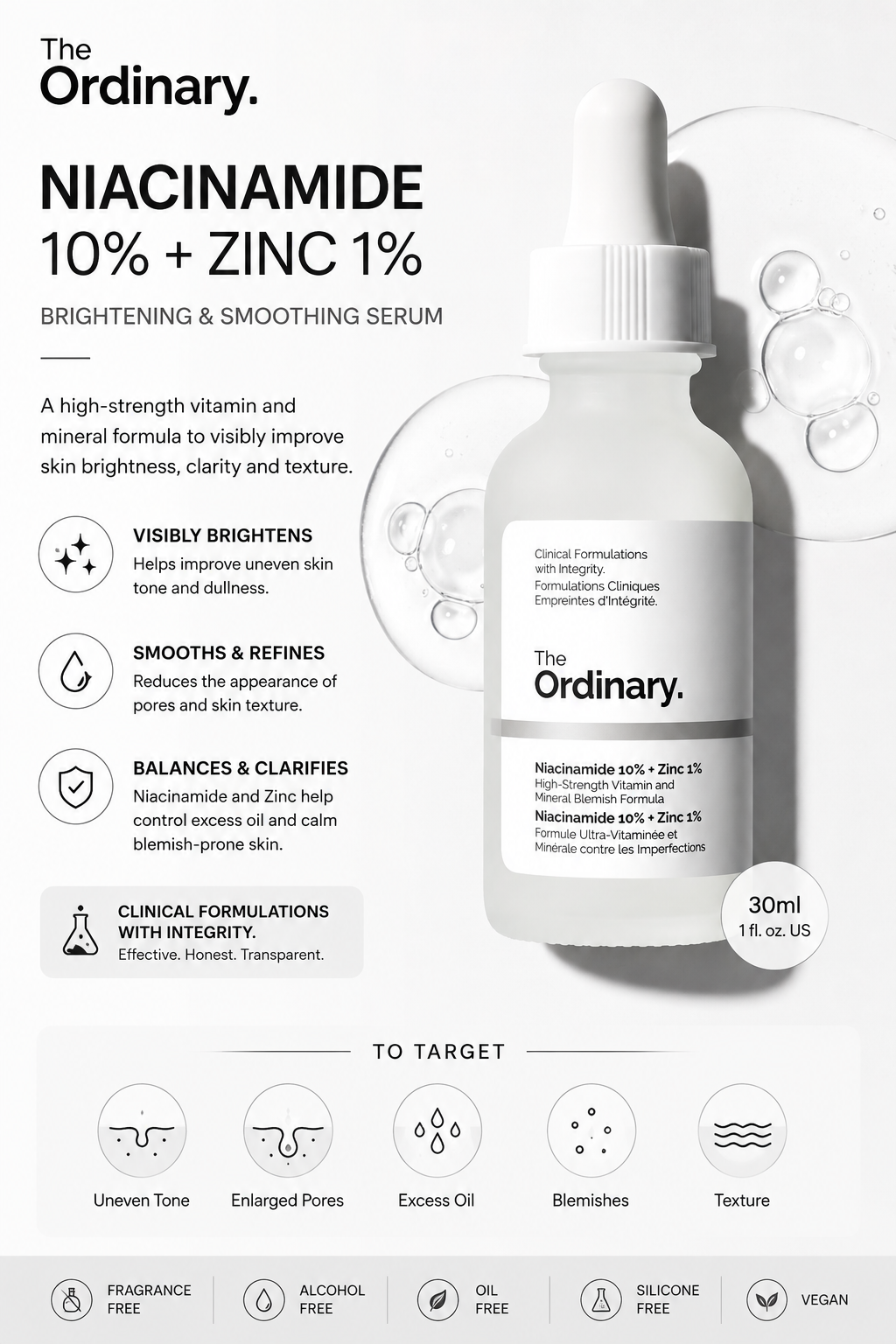 The Ordinary Niacinamide 10% + Zinc 1%, Brightening & Smoothing Serum for Blemish-Prone Skin, 30ml