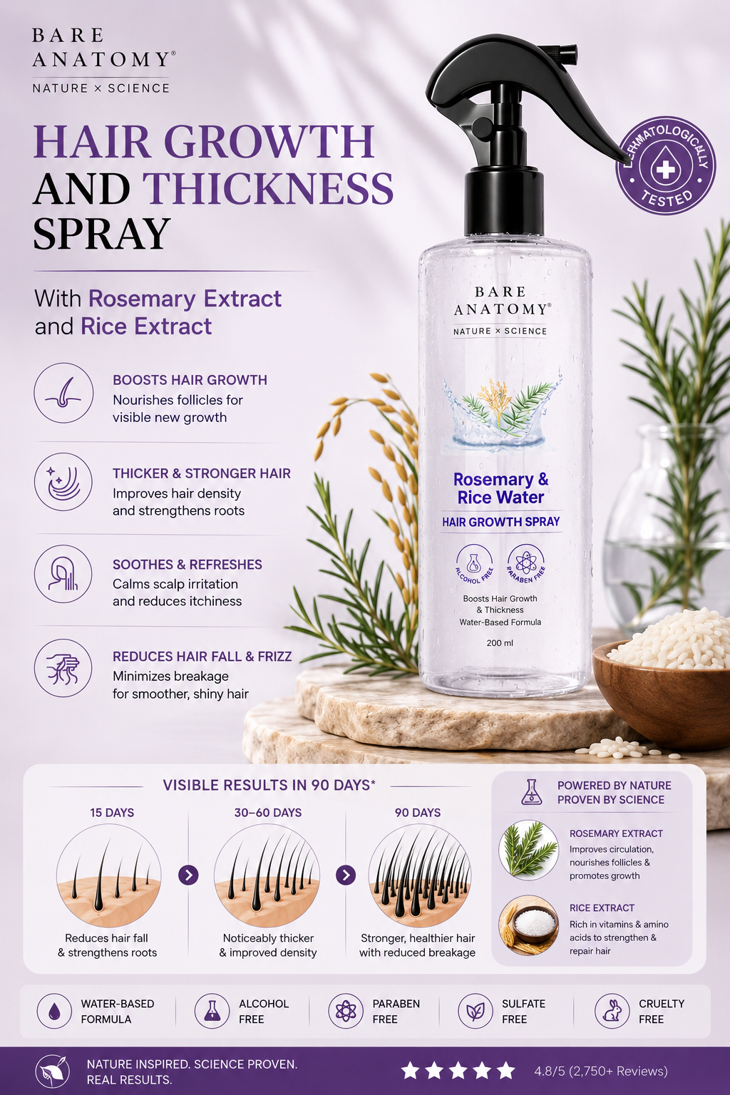 Bare Anatomy Rosemary & Rice Water Growth Spray | All Hair Types | 200ml