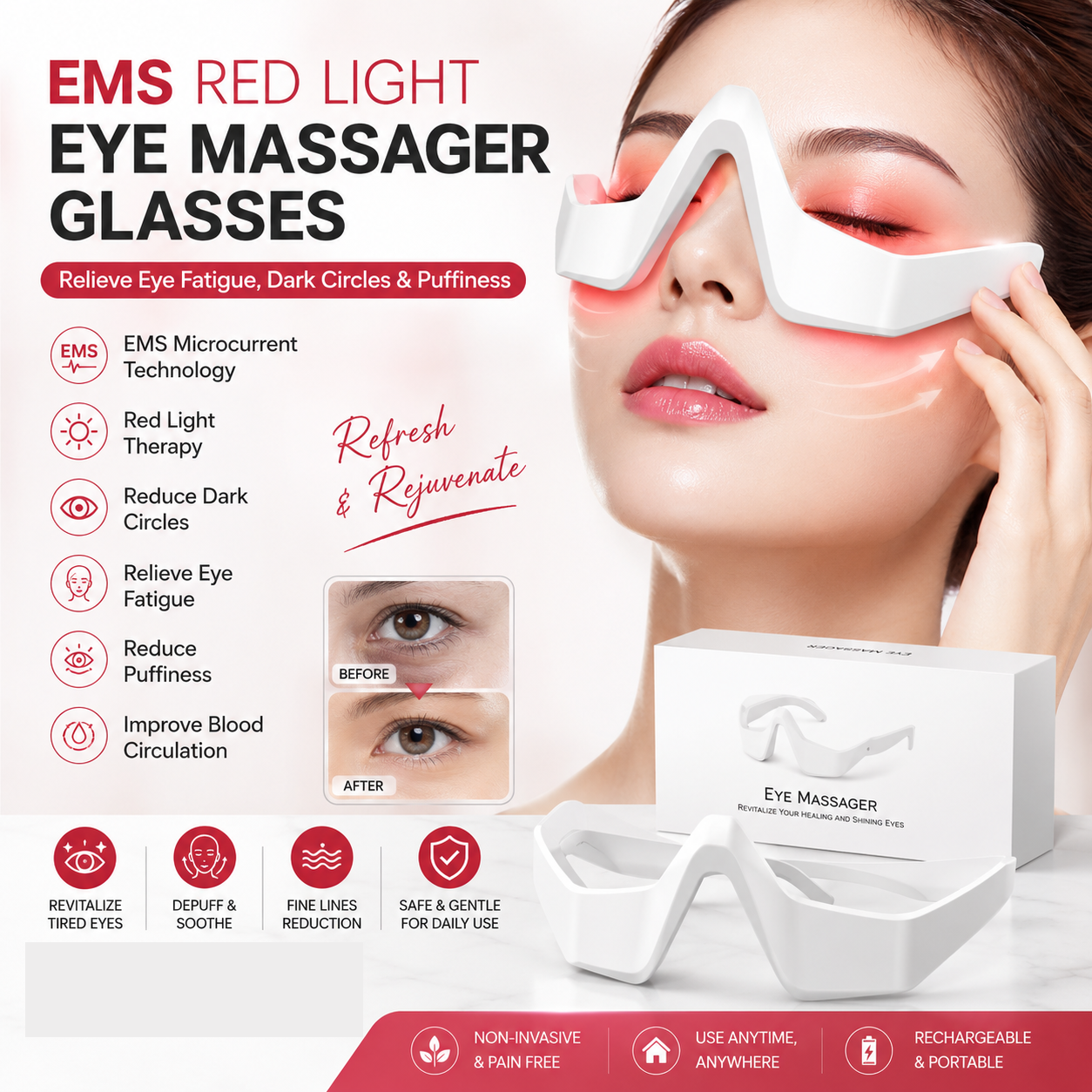 EMS Red Light Eye Massager Glasses – Relieve Eye Fatigue, Dark Circles & Puffiness