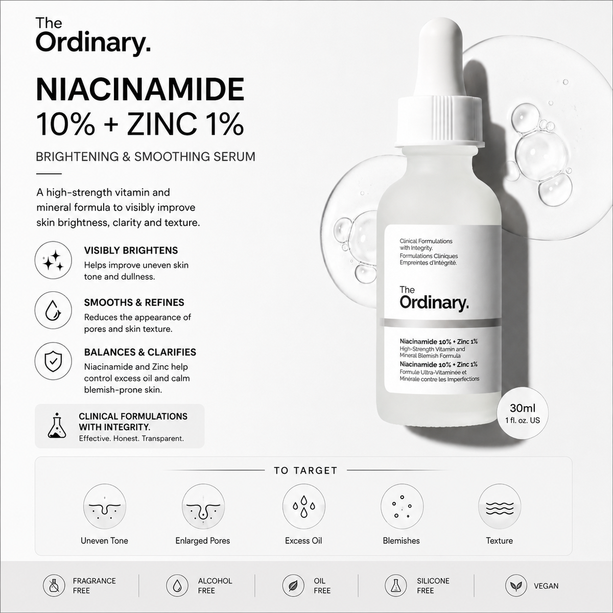 The Ordinary Niacinamide 10% + Zinc 1%, Brightening & Smoothing Serum for Blemish-Prone Skin, 30ml